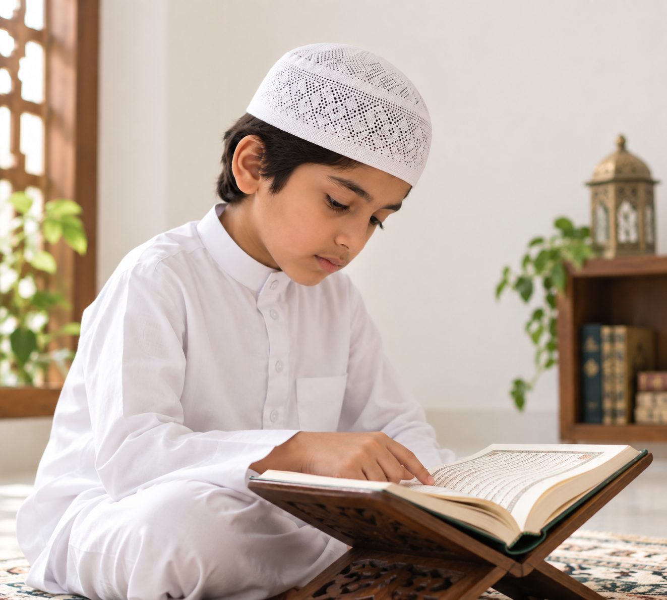 A young boy in a white cap reading the Qur'an on a wooden rehal