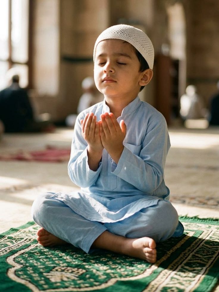 A young boy in a white cap and light blue kurta making dua on a green prayer mat